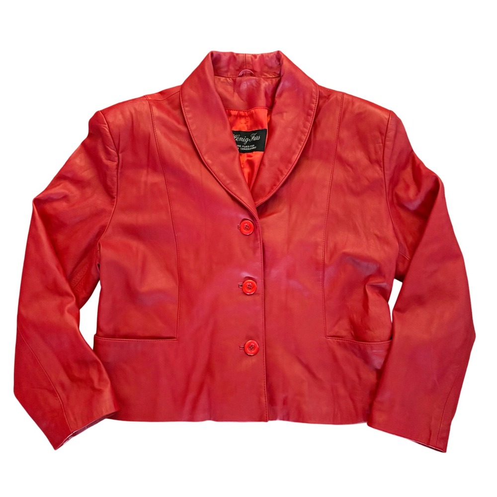 VTG Konig Furs Y2K Red Leather Blazer Biker Moto Jacket Button Up Women's XL EUC
